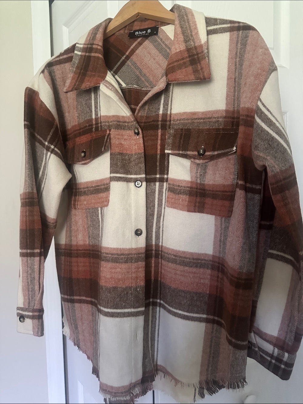 Blue B Plaid Utility Shacket in Cream & Brown